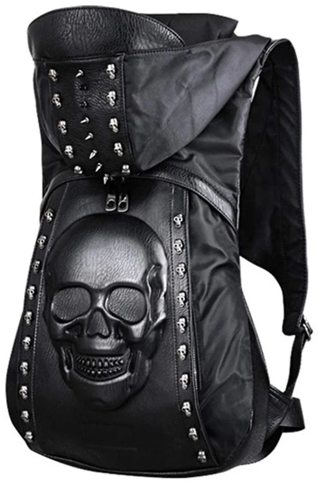 Main image of nice--buy Skull Punk Art Fashion Backpack Hooded Rivet Studded Biker Purse Gothic 3D Skull PU Leather Bookbag Python Daypack Shoulder Bag Laptop Bag