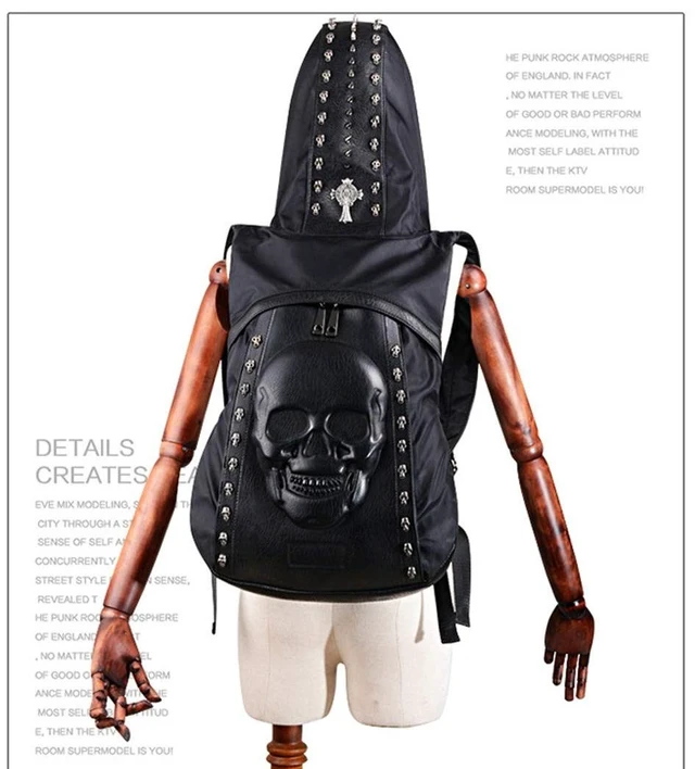 Alt view image 2 of 5 - nice--buy Skull Punk Art Fashion Backpack Hooded Rivet Studded Biker Purse Gothic 3D Skull PU Leather Bookbag Python Daypack Shoulder Bag Laptop Bag