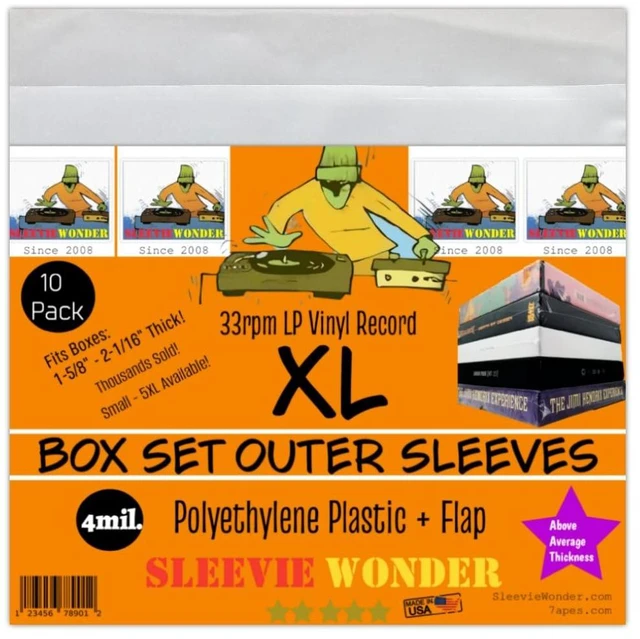 Main image of XL Box Set Sleeves (10) + Flap 4mil Thick Strong USA Polyethylene Plastic for 33rpm LP Vinyl Record Album Boxset (+1 Free Dj Sticker)