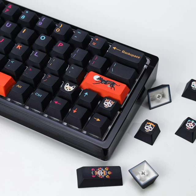 Alt view image 4 of 5 - YMKPVR KBDiy Mictlan Five-Sided Dye-Sublimation Keycaps,143 Keys Cherry Profile PBT Orange Halloween Themed Keycap Set Custom Keyboard Keycap for 61/64/68/84/87/100/104/108 Mechanical Keyboard