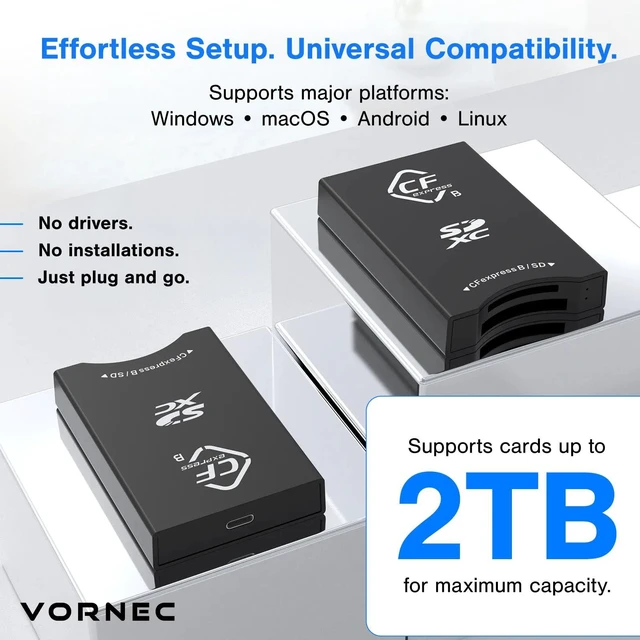Alt view image 3 of 5 - Vornec CFexpress Type B & UHS-II SD Card Reader USB-C 3.2 Gen 2 Dual Slot 10Gbps Adapter for Canon, Nikon, Sony, Fujifilm Cameras Compatible with Mac, Windows, Android Plug & Play
