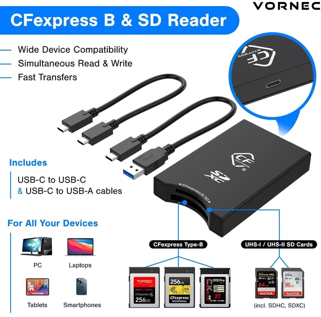 Alt view image 2 of 5 - Vornec CFexpress Type B & UHS-II SD Card Reader USB-C 3.2 Gen 2 Dual Slot 10Gbps Adapter for Canon, Nikon, Sony, Fujifilm Cameras Compatible with Mac, Windows, Android Plug & Play