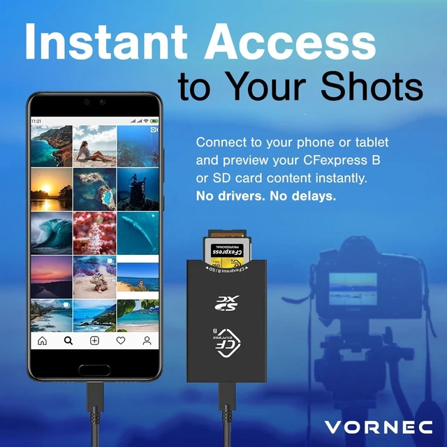 Alt view image 5 of 5 - Vornec CFexpress Type B & UHS-II SD Card Reader USB-C 3.2 Gen 2 Dual Slot 10Gbps Adapter for Canon, Nikon, Sony, Fujifilm Cameras Compatible with Mac, Windows, Android Plug & Play