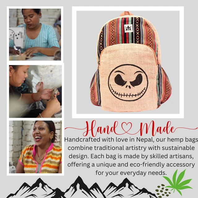 Alt view image 2 of 5 - YAK & YETI Handcrafted Hemp Backpack from Nepal Eco-Friendly, Durable, and Stylish with Adjustable Straps-Multi Pocket (skull)