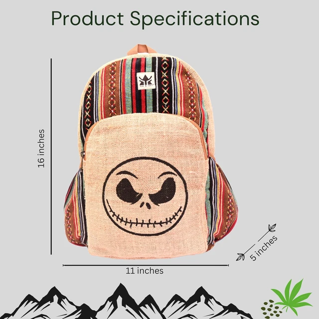 Alt view image 3 of 5 - YAK & YETI Handcrafted Hemp Backpack from Nepal Eco-Friendly, Durable, and Stylish with Adjustable Straps-Multi Pocket (skull)