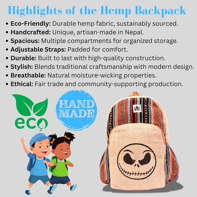 Alt view image 4 of 5 - YAK & YETI Handcrafted Hemp Backpack from Nepal Eco-Friendly, Durable, and Stylish with Adjustable Straps-Multi Pocket (skull)