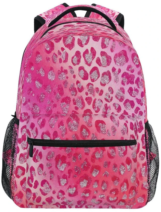 Main image of Pink Red Sparkling Leopard Kids Backpack Backpacks for Girls Silver Back Pack Casual Daypack 16 inch Laptop Bag Double Zipper Travel Sports Bags with Adjustable Shoulder Strap