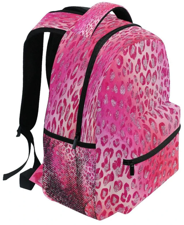 Alt view image 2 of 5 - Pink Red Sparkling Leopard Kids Backpack Backpacks for Girls Silver Back Pack Casual Daypack 16 inch Laptop Bag Double Zipper Travel Sports Bags with Adjustable Shoulder Strap