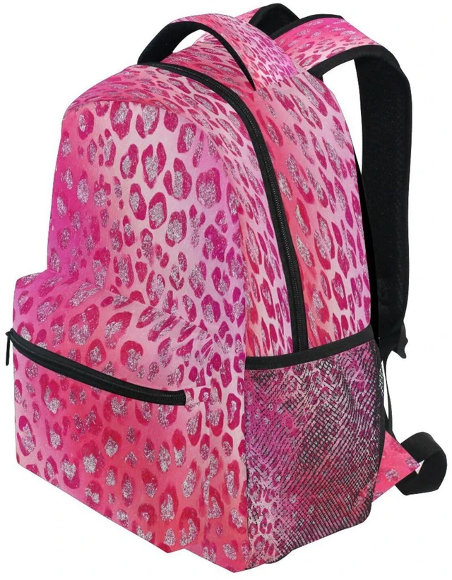 Alt view image 3 of 5 - Pink Red Sparkling Leopard Kids Backpack Backpacks for Girls Silver Back Pack Casual Daypack 16 inch Laptop Bag Double Zipper Travel Sports Bags with Adjustable Shoulder Strap