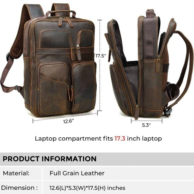 Alt view image 2 of 5 - compalo Full Grain Leather Backpack for Men, 17.3 Inch Travel Laptop Backpack Multi Pockets DayPack Rucksack With YKK Zippers