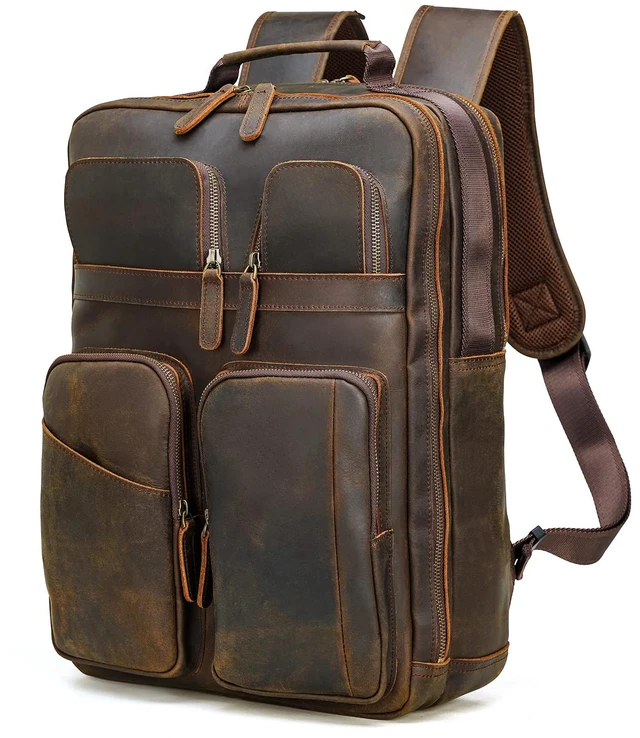Main image of compalo Full Grain Leather Backpack for Men, 17.3 Inch Travel Laptop Backpack Multi Pockets DayPack Rucksack With YKK Zippers