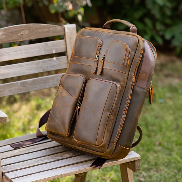 Alt view image 3 of 5 - compalo Full Grain Leather Backpack for Men, 17.3 Inch Travel Laptop Backpack Multi Pockets DayPack Rucksack With YKK Zippers
