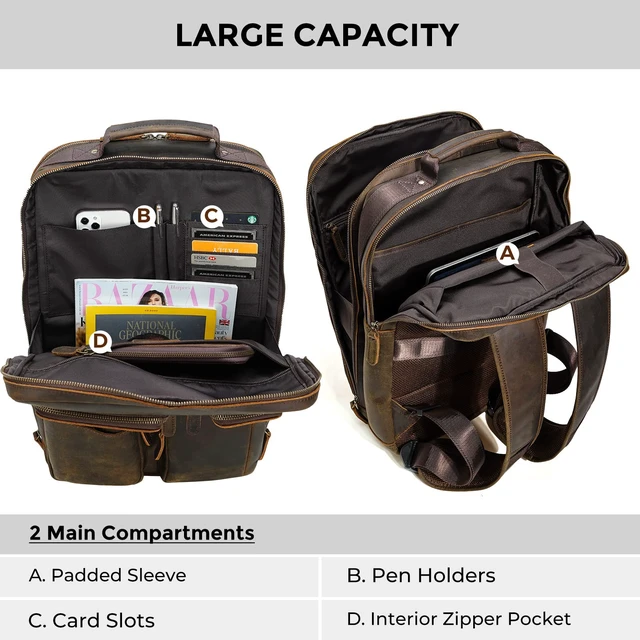 Alt view image 4 of 5 - compalo Full Grain Leather Backpack for Men, 17.3 Inch Travel Laptop Backpack Multi Pockets DayPack Rucksack With YKK Zippers