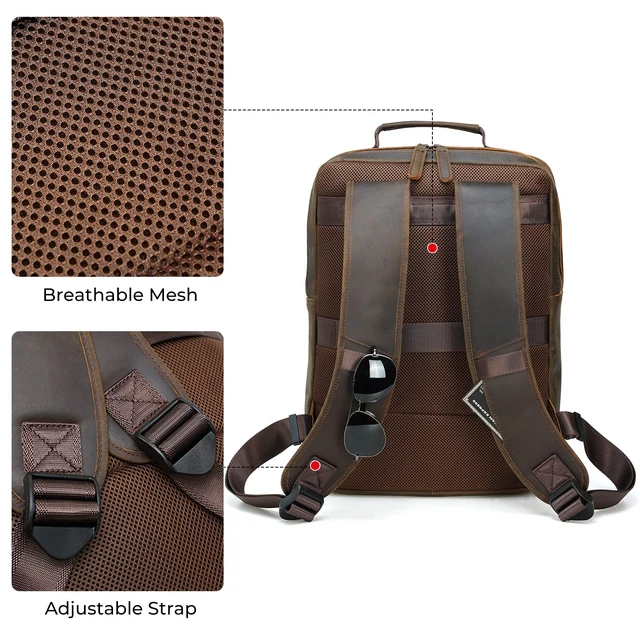 Alt view image 5 of 5 - compalo Full Grain Leather Backpack for Men, 17.3 Inch Travel Laptop Backpack Multi Pockets DayPack Rucksack With YKK Zippers