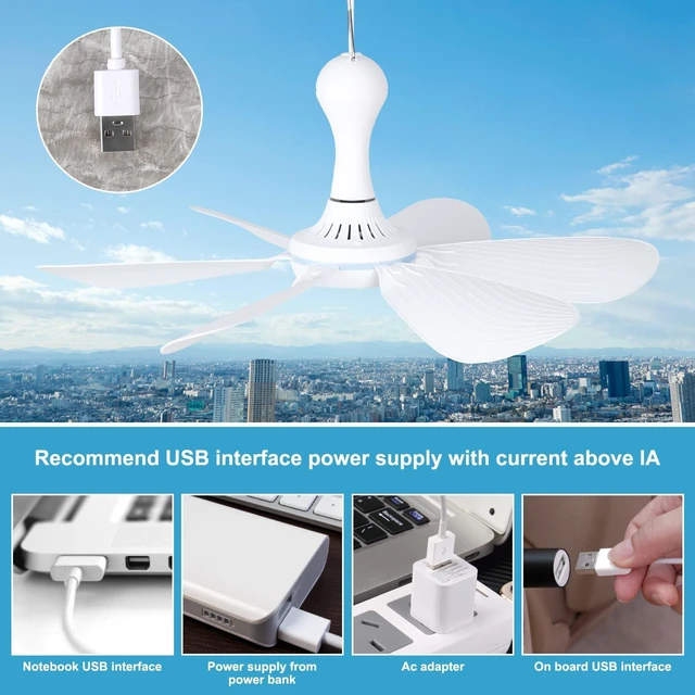 Alt view image 3 of 5 - Xindejia USB Powered Small Ceiling Fan 6 Blades Quiet DC 5V USB Hanging Fans for Indoor Outdoor RV Bed Room Dorm Desk Travel Camping Tent Cubicle Mini Portable Canopy Fans - White