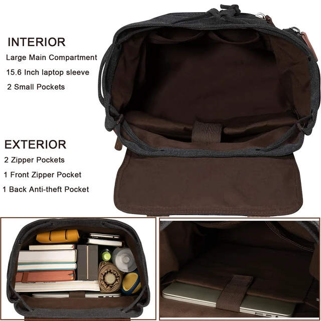 Alt view image 2 of 4 - VAZUOOL Canvas Backpack for Men Women, Vintage Laptop Daypack Travel Rucksack Work College Computer Bag Fits 15.6 Inch Laptop, Black