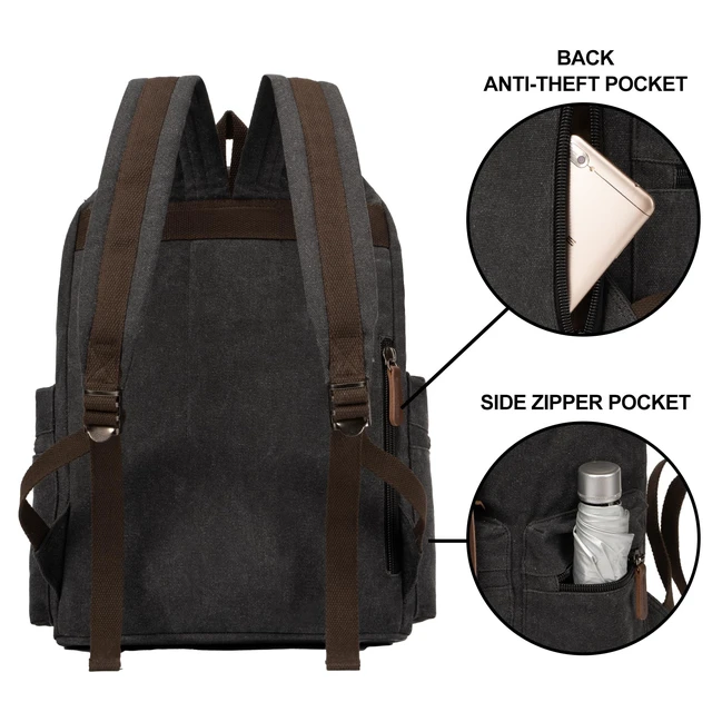 Alt view image 4 of 4 - VAZUOOL Canvas Backpack for Men Women, Vintage Laptop Daypack Travel Rucksack Work College Computer Bag Fits 15.6 Inch Laptop, Black