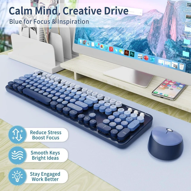 Alt view image 2 of 5 - Nowlike Wireless Keyboard and Mouse Combo, Retro Typewriter Keyboard with Round Keycaps, Full-Size Ergonomic, Blue, Ideal for Windows PC, Home, Office, and College, Wireless Keyboard Mou