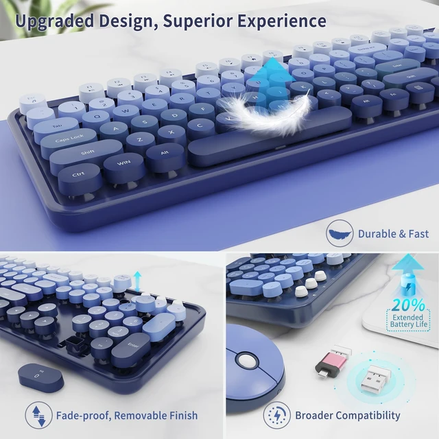 Alt view image 4 of 5 - Nowlike Wireless Keyboard and Mouse Combo, Retro Typewriter Keyboard with Round Keycaps, Full-Size Ergonomic, Blue, Ideal for Windows PC, Home, Office, and College, Wireless Keyboard Mou