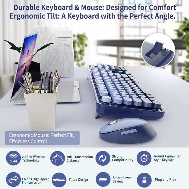 Alt view image 5 of 5 - Nowlike Wireless Keyboard and Mouse Combo, Retro Typewriter Keyboard with Round Keycaps, Full-Size Ergonomic, Blue, Ideal for Windows PC, Home, Office, and College, Wireless Keyboard Mou