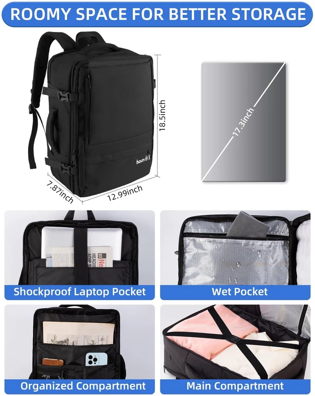 Alt view image 2 of 5 - ICroad Large Travel Backpack for Men Women, 40L Carry On Backpack Flight Approved, 17.3 Inch Laptop Backpack, TSA Water Resistant Business Weekender Luggage Personal Item Bag