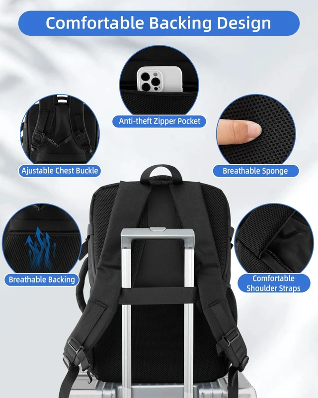 Alt view image 5 of 5 - ICroad Large Travel Backpack for Men Women, 40L Carry On Backpack Flight Approved, 17.3 Inch Laptop Backpack, TSA Water Resistant Business Weekender Luggage Personal Item Bag