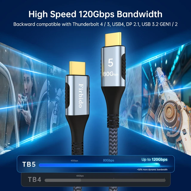 Alt view image 2 of 5 - Firbido 4FT for Thunderbolt 5 Cable, High Speed 80Gbps, 120Gbps Bandwidth, PD 240W, 16K@60Hz, 8K@165Hz, 4K@540Hz for Thunderbolt 4, iPhone 17, Razer Blade, SSD, USB4, Mac mini M4
