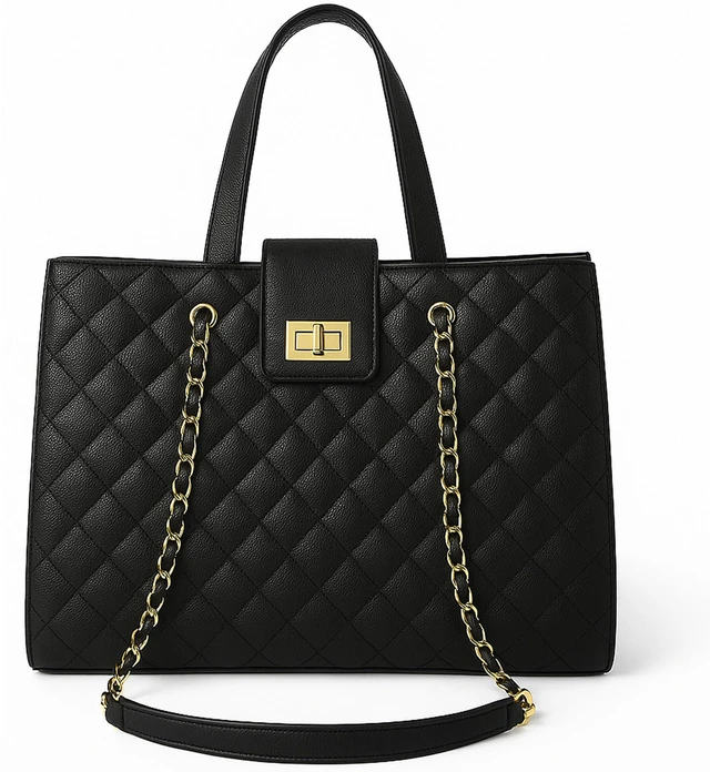 Main image of Quilted Laptop Bag for Women, 15.6 inch PU Leather Shoulder Purse Tote Business Office Messenger Casual Handbag (Black)
