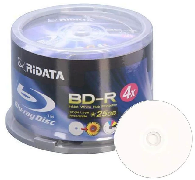 Main image of Ridata Ritek Blu-Ray (BD-R) White Inkjet Hub Printable 4X BD-R Media 25GB 50 Pack in Cake Box (BDR-254-RDIWN-CB50)