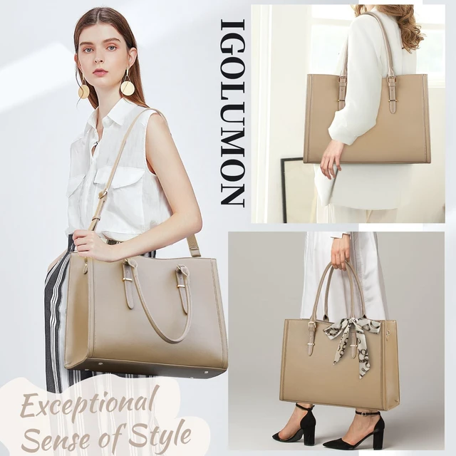 Alt view image 2 of 5 - IGOLUMON Laptop Bag for Women 15.6 inch Waterproof Tote Leather Work purse Office Travel Handbag Shoulder Khaki