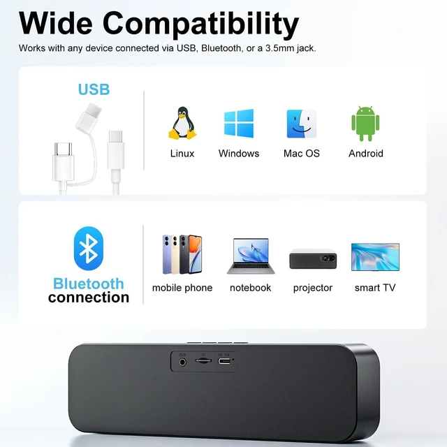 Alt view image 4 of 5 - Computer Speakers for Desktop PC,Rechargeable Bluetooth Speaker,Small Computer Soundbar with Stereo & Bass,3.5mm Aux-in,TF Port,Loud Volume for Web Conferences,Teacher,Music (Black)