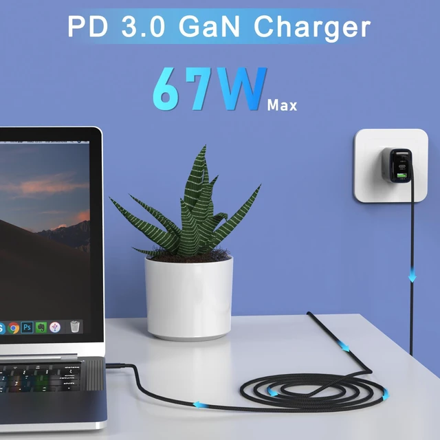 Alt view image 2 of 5 - QIOUZW 67W USB C Wall Charger, 3-Port GaN Fast Charger Block,Replacement for MacBook Pro/Air, iPad, iPhone 15/14/Pro, Galaxy, Pixel, Apple Watch and More