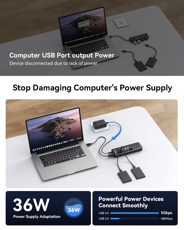 Alt view image 4 of 5 - Powered USB Hub, Wenter 10-Ports USB Splitter Hub 3.0 with Individual LED On/Off Switches and USB A-C Adapter, 12V/3A Power Adapter,Powered USB 3.0 Hub for PC, Laptop, Desktop