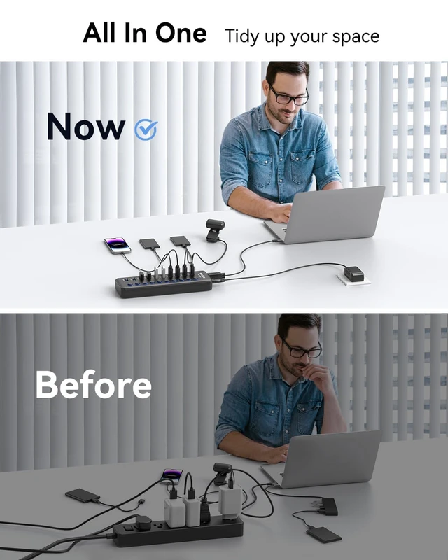 Alt view image 5 of 5 - Powered USB Hub, Wenter 10-Ports USB Splitter Hub 3.0 with Individual LED On/Off Switches and USB A-C Adapter, 12V/3A Power Adapter,Powered USB 3.0 Hub for PC, Laptop, Desktop