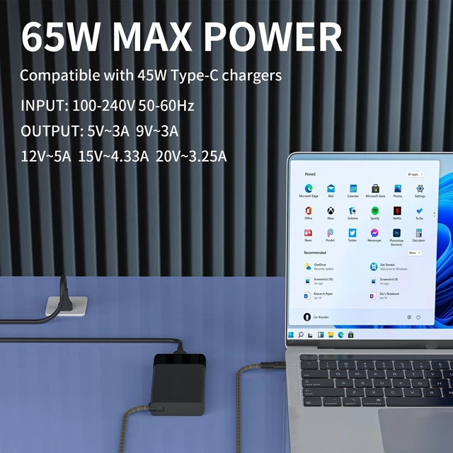 Alt view image 4 of 5 - New 65W USB C Laptop Charger Fit for HP EliteBook 640 840 845 630 835 845 860 1040 G9 G8 G10 ProBook 460 450 440 455 G11 Elite x2 1012 G1 G2 Spectre x360 Type C 20V 3.25A Power Adapter Supply Cord