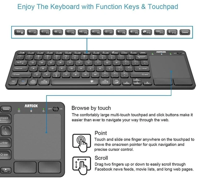 Alt view image 2 of 5 - Arteck Universal Backlit 7-Colors Bluetooth Touch TV Keyboard with Easy Media Control and Build-in Touchpad for TV-Connected Computer, Smart TV, Desktop, Laptop, iPad, Surface, Tablet, HTPC