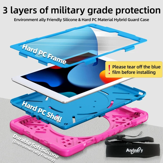 Alt view image 3 of 5 - Andnary Case for iPad 9th/8th/7th Generation 10.2 inch, Shockproof Cover with Screen Protector/360 Rotating Handle/Bracket/Pen Holder/Shoulder Strap, Kids Case for iPad 2021/2020/2019 (Pink+Blue)