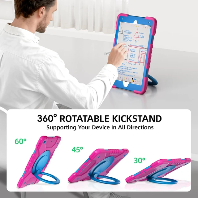 Alt view image 4 of 5 - Andnary Case for iPad 9th/8th/7th Generation 10.2 inch, Shockproof Cover with Screen Protector/360 Rotating Handle/Bracket/Pen Holder/Shoulder Strap, Kids Case for iPad 2021/2020/2019 (Pink+Blue)