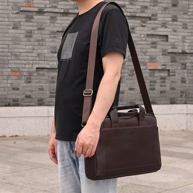 Alt view image 3 of 5 - SAIION Genuine Leather Briefcase for Men, Laptop Computer Shoulder Bag With Strap, 15.6 Inch Business Travel Work Handbag, Brown