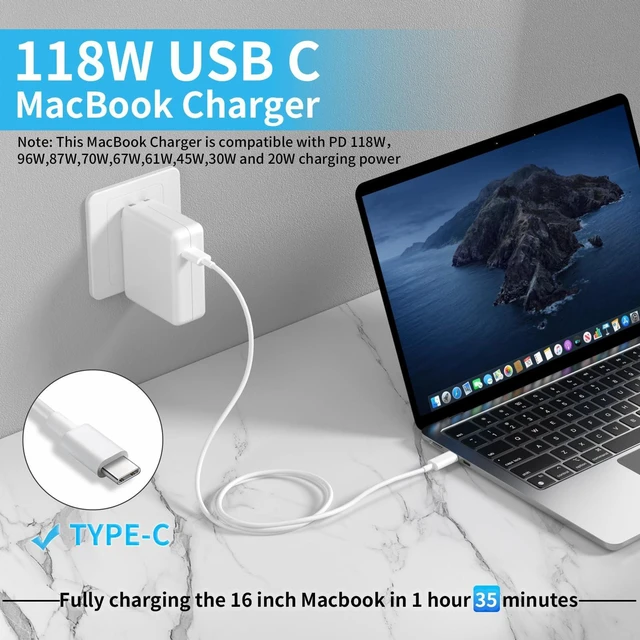 Alt view image 2 of 5 - Mac Book Pro Charger - 118W USB-C Power Adapter for Mac Book Air Pro M1-M5