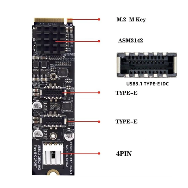 Alt view image 2 of 5 - Xiwai 5Gbps USB 3.1 Type-E to USB 3.0 19/20Pin Dual Ports Splitter HUB, 10Gbps USB 3.1 Type-E Front Panel Socket to NVME NGFF M-Key Express Card Adapter for Motherboard (NVME to USB3.1 Type-E+Type-E)