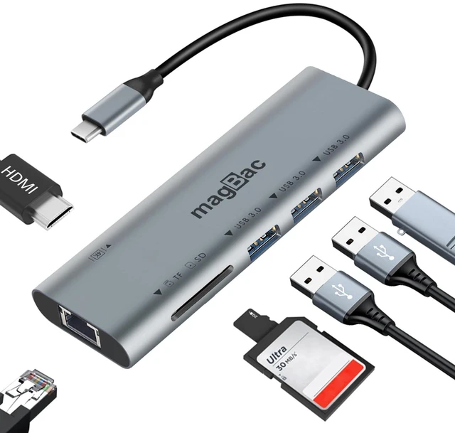 Main image of MagBac Laptop Docking Station 7-in-1 USB Hub with 4K@30Hz HDMI Display Port, 3 USB A 3.0 Data Ports, SD/TF Card Slot, Gigabit Ethernet for MacBook Pro/Air, HP, Dell, Lenovo, Surface, Windows