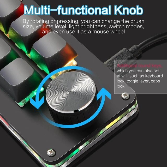 Alt view image 4 of 5 - Koolertron Macro Programmable Keypad, One Handed Programmable Mechanical Keyboard, RGB Blue Switch Hot Swappable, 6 Keys 1 Knob Backlit Keypad for Working and Gaming, Black