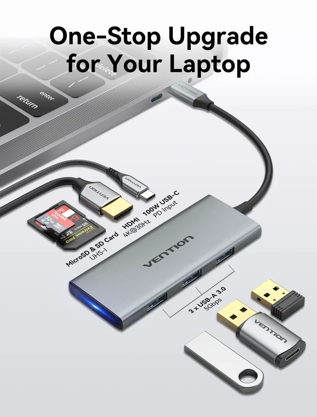 Alt view image 2 of 5 - VENTION USB C Hub for MacBook Pro, 7 in 1 USB C Multiport Adapter with 4k HDMI 100W PD USB 3.0 Ports SD/TF, USB C Dock Compatible with MacBook Air/Pro, iPad Pro, Surface, Dell XPS and More