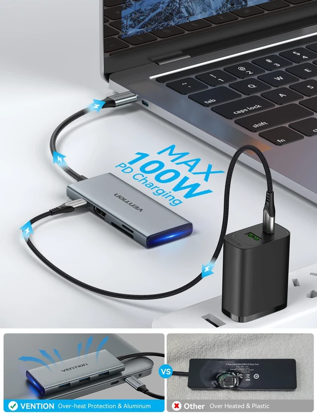 Alt view image 4 of 5 - VENTION USB C Hub for MacBook Pro, 7 in 1 USB C Multiport Adapter with 4k HDMI 100W PD USB 3.0 Ports SD/TF, USB C Dock Compatible with MacBook Air/Pro, iPad Pro, Surface, Dell XPS and More