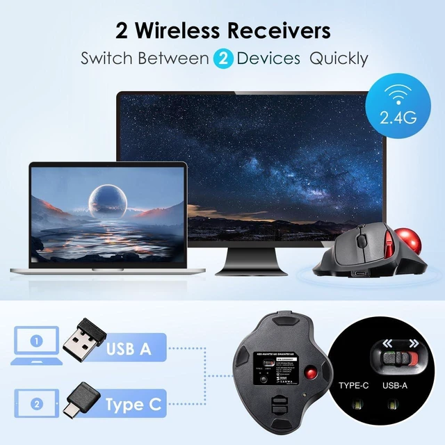 Alt view image 5 of 5 - SANWA 2.4G Wireless Trackball Mouse, Silent Click, Programmable Roller Mice