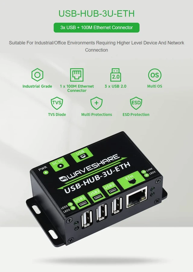 Alt view image 3 of 5 - Waveshare Industrial Grade Multifunctional USB HUB Extending 3X USB Ports + 100M Ethernet Port Suitable for Industrial/Office Environments Requiring Higher Level Device and Network Connection