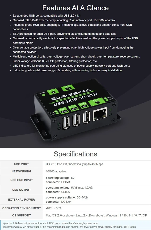 Alt view image 4 of 5 - Waveshare Industrial Grade Multifunctional USB HUB Extending 3X USB Ports + 100M Ethernet Port Suitable for Industrial/Office Environments Requiring Higher Level Device and Network Connection