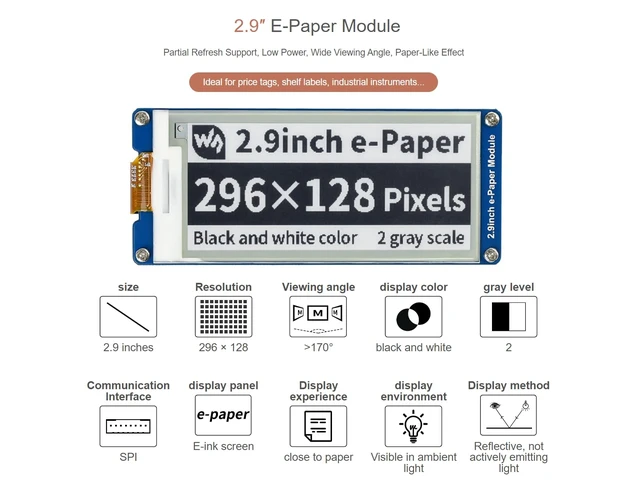 Alt view image 2 of 5 - 2.9inch e-Paper Display Module, 296x128 Resolution 3.3V/5V Two-Color epaper Display E-Ink Screen Module SPI Interface Compatible with Raspberry Pi/Arduino/Jetson Nano,Support Partial Refresh