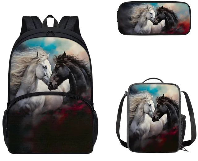 Alt view image 2 of 5 - Viewamoon Horse Backpacks For Girls Set 3 pcs Portable Large Lunch Cooler Box With Water Bottle Pocket And Pencil Case Large Preschool Bookbag for Toddler Girls 6-8 Age